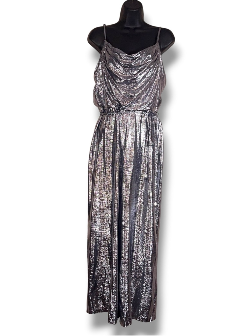 Petite 14 Eliza J Blue Silver Shimmer Sleeveless Jumpsuit Stretch 14p Cowl Neck
